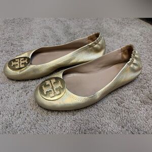 Tory Burch Metallic Gold Leather Logo Ballet Flats